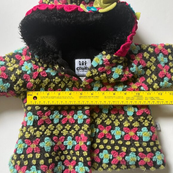 Vintage Baby Blue, Green, Pink and Black High Pile Flowers Fleece Hooded Coat - Picture 4 of 6